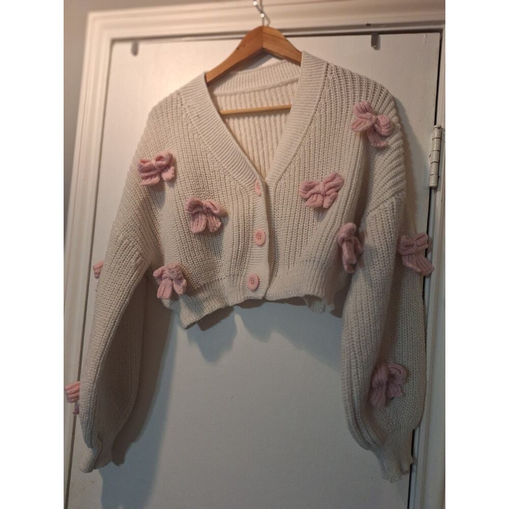 Lot(1)Cropped Cream Pink Bow/(1)Pink White Bow Knit Cardigan Sweaters Romwe MED